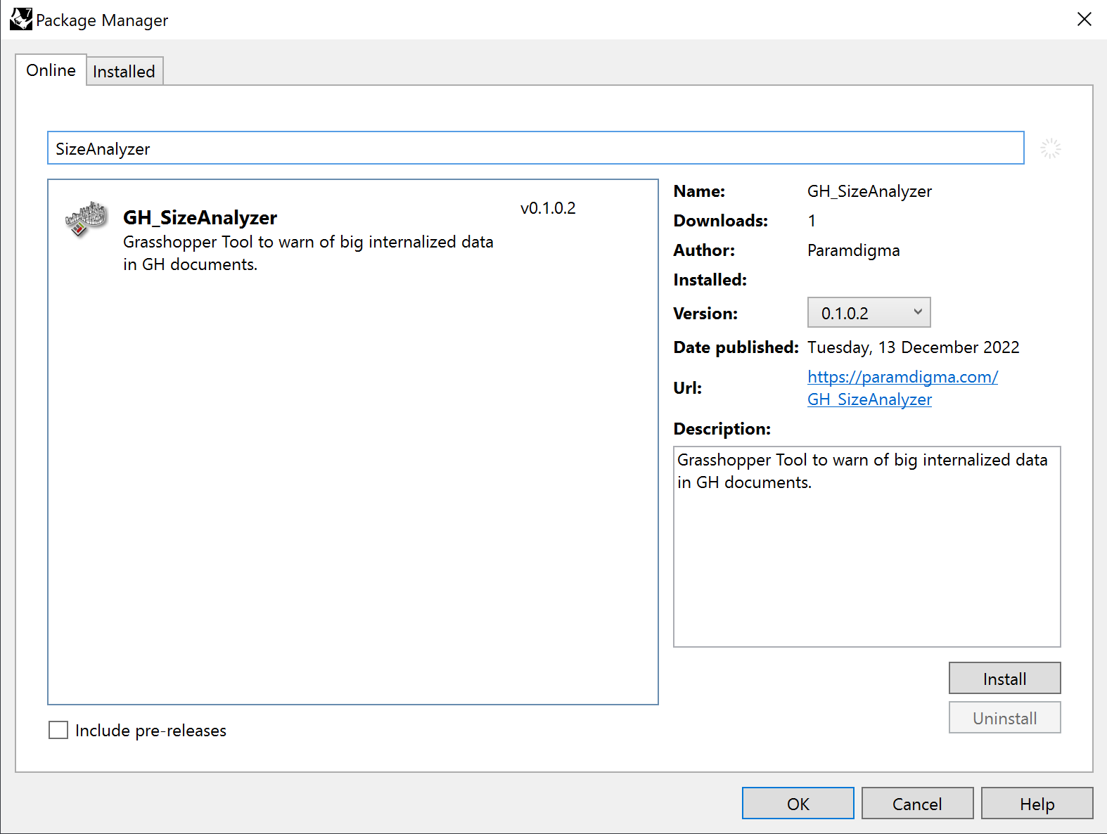 Search for GH_SizeAnalyzer in the package manager